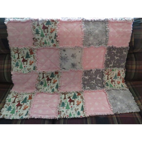 Flannel Rag Quilt With Batting, Stroller Size 35 x 35, Winter Snowflakes, Deer - Picture 10 of 10